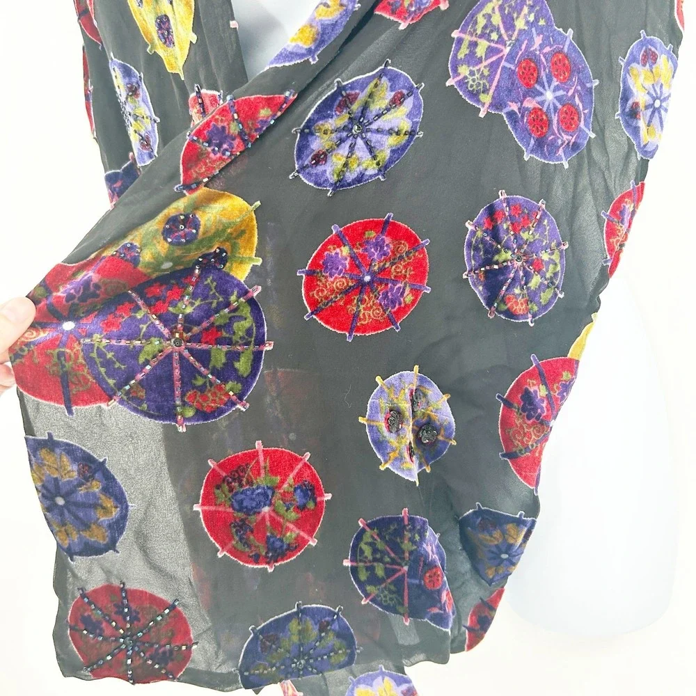 Chicos Womens Silk Velvet Burnout Beaded Parasol Boho Art to Wear Scarf Wrap OS